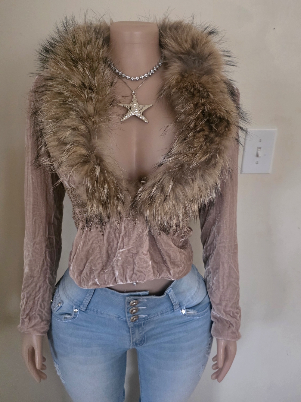 Arden B Taupe Velvet Long-Sleeve Top with Fur Collar